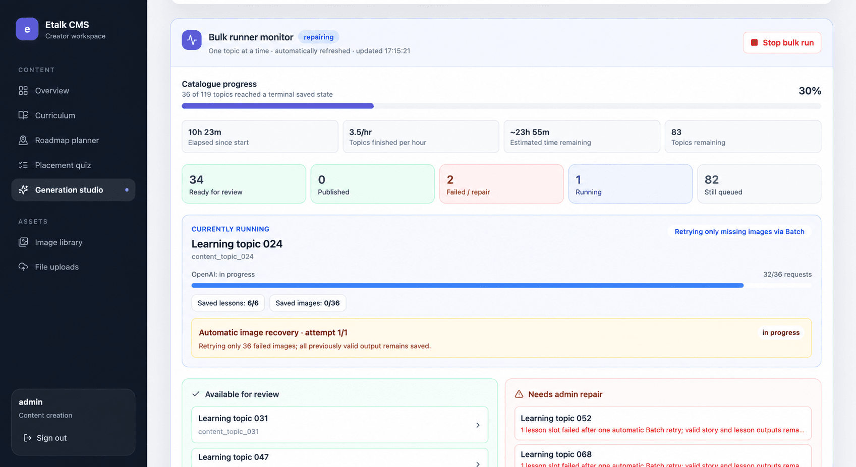 Redacted E-Talk CMS bulk generation monitor showing queue progress, review states, and granular failure recovery.